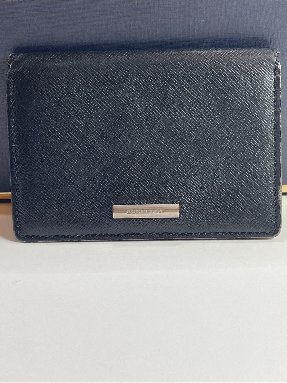 Burberry Authentic Black Textured Leather Card Case with Metal Logo Bar